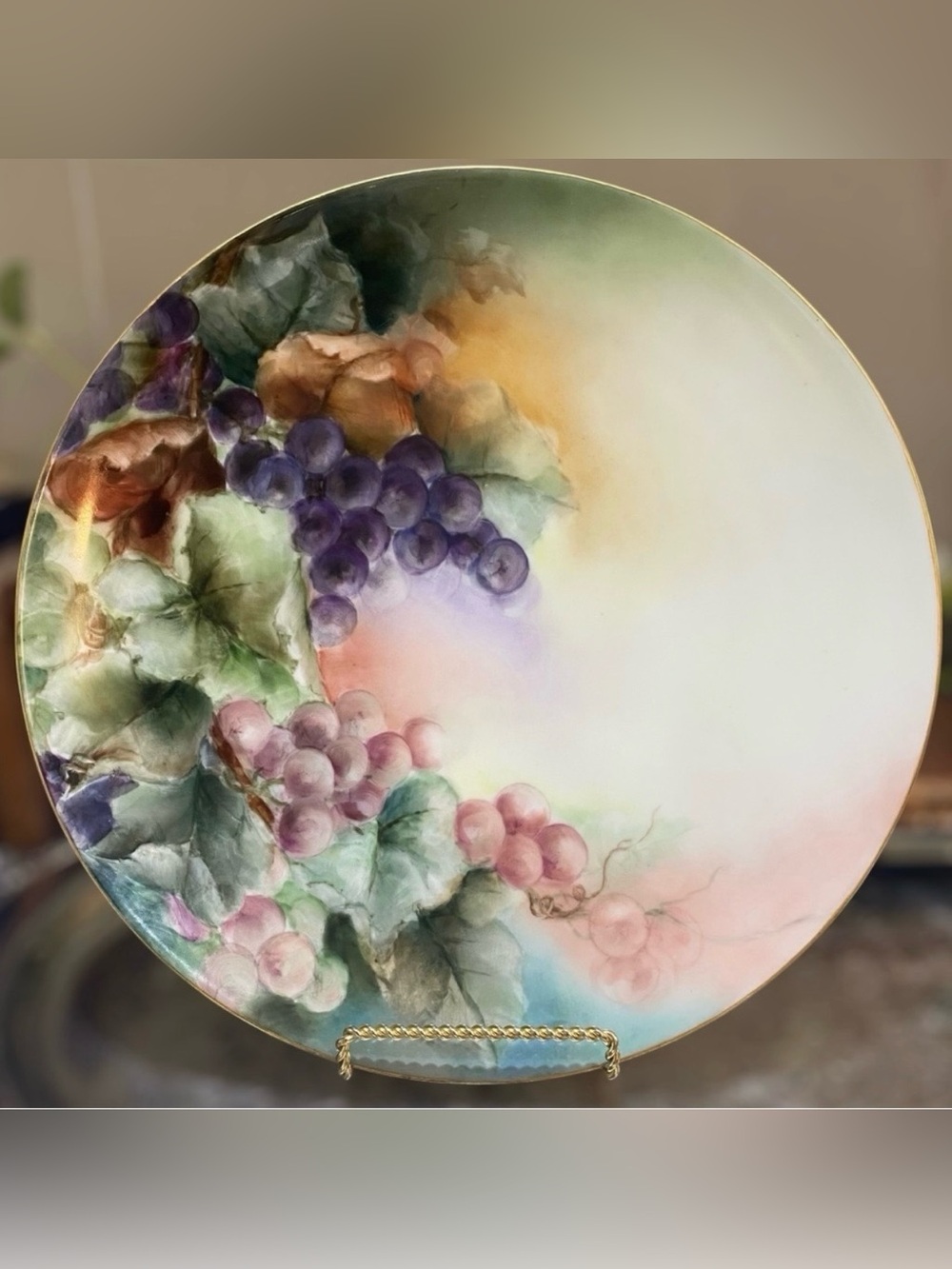 Antique c1892-1907 Limoges T&V France Large 12” Cabinet Plate HP Grapes Signed
